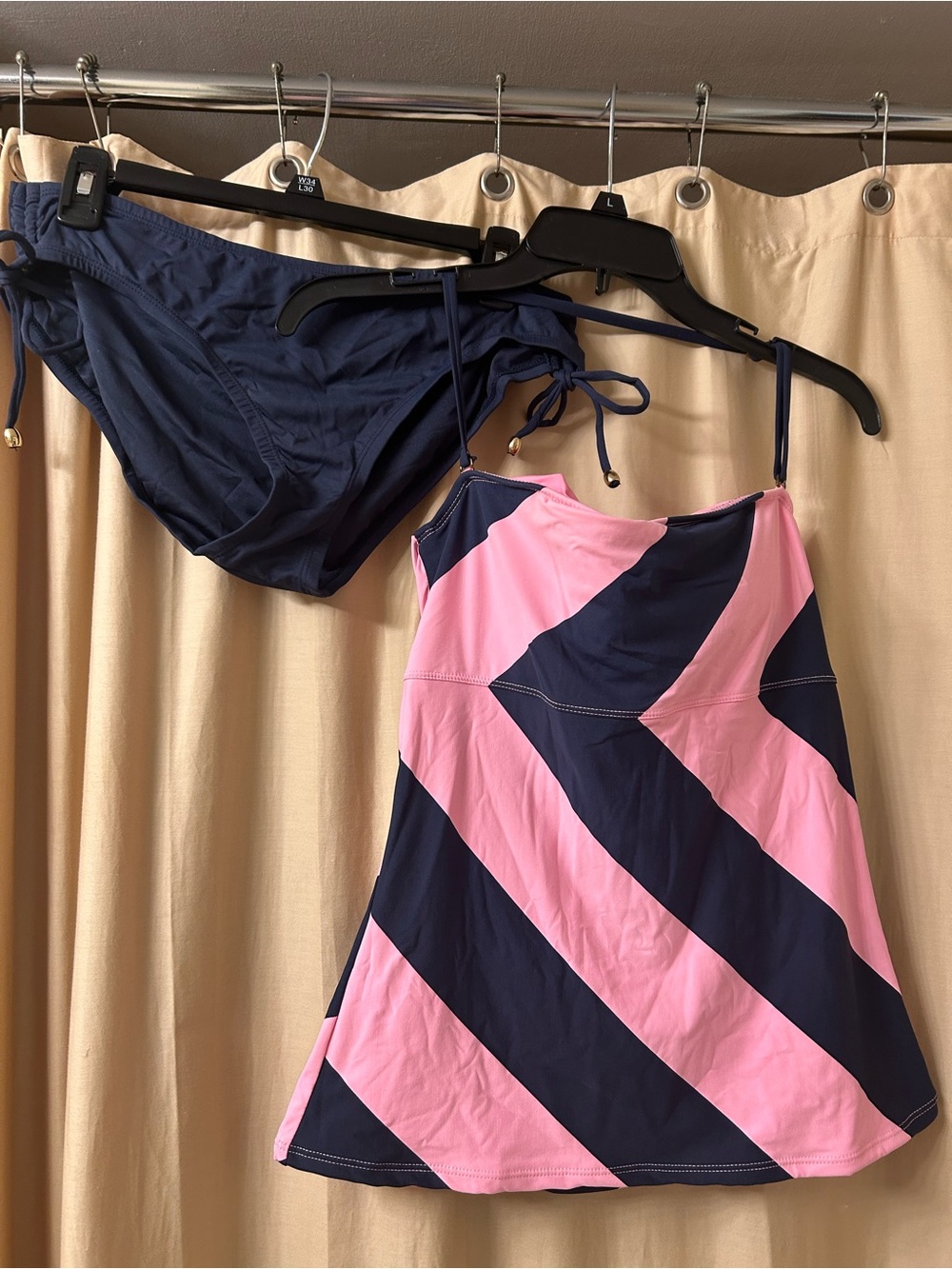 Anne Cole Pink and Navy Diagonal Stripe Tankini with Navy Tie-Side Bottoms